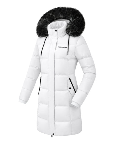 Women's Long Hooded Down Parka with Detachable Hood - White