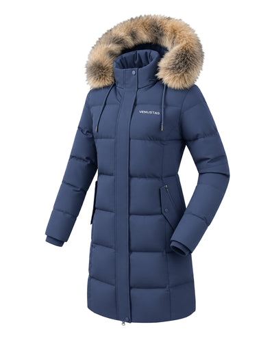 Women's Long Hooded Down Parka with Detachable Hood - Navy