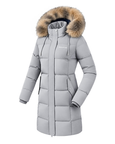 Women's Long Hooded Down Parka with Detachable Hood - Gray