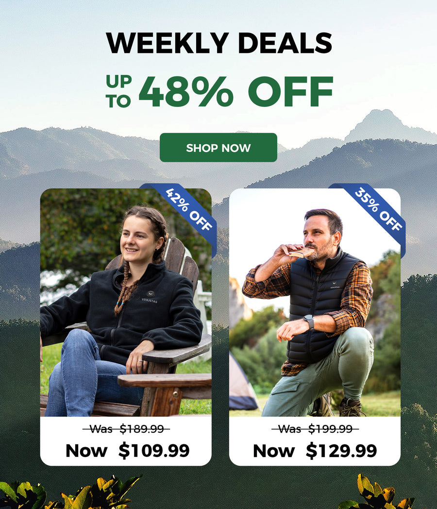 Promotional banner with outdoor scenery and people wearing jackets, featuring weekly deals on clothing.