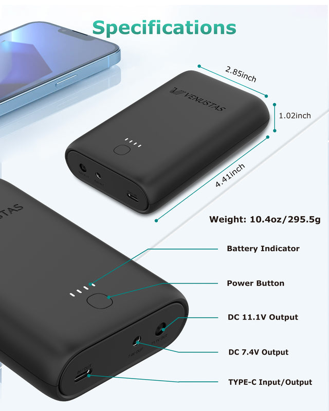 7.4V/12V Battery (54Wh), 7.5K Venustas power bank black with battery indicator and DC outputs