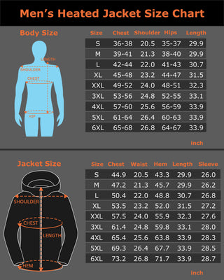 [Bundle] Men's Heated Jacket 7.4V & Men's Heated Vest 7.4V Venustas heated apparel size chart, black and orange