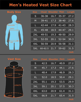 Men's Heated Jacket 7.4V & Men's Heated Vest 7.4V bundle heated apparel size chart by Venustas, gray with orange inch measurements