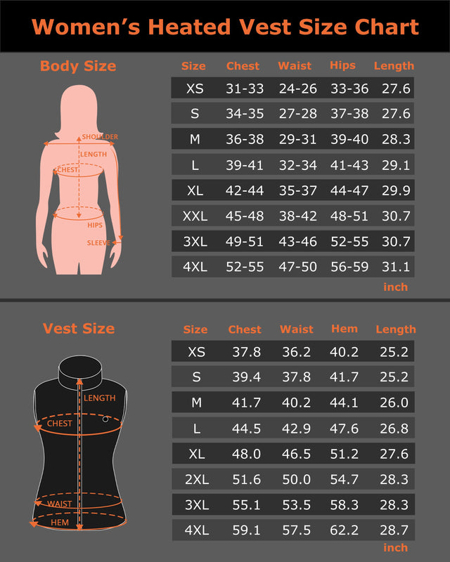 [Bundle] Women's Heated Jacket 7.4V & Women's Heated Vest 7.4V Venustas heated apparel sizing chart in black and orange