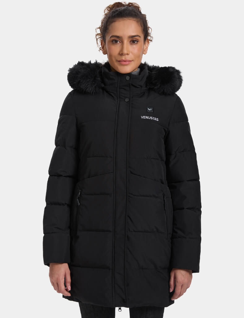Women's Long Heated Jacket with Detachable Hood