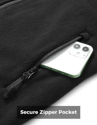 Black fleece vest with a secure zippered pocket holding a phone