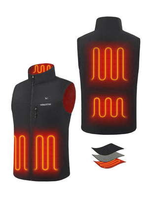 Black heated golf vest diagram with glowing heating zones and layered fabric detail