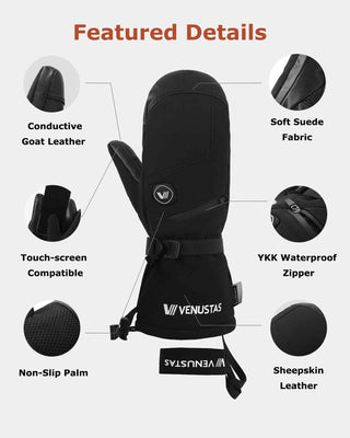 Black heated mitten feature details with zipper, palm grip, leather, and touchscreen callouts