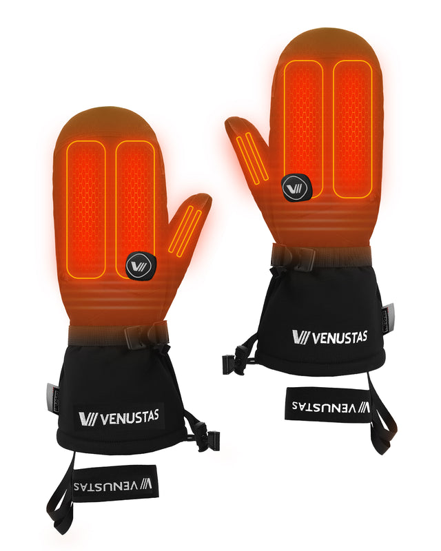 Pair of black heated mittens with orange heating zone overlay on fingers and thumbs