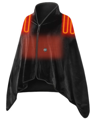 Black heated shawl shown from the front with highlighted shoulder and back heating zones