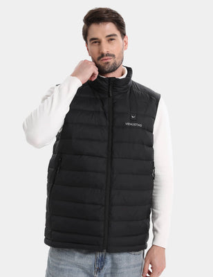 Black heated vest on a model with hand near the stand collar, front view