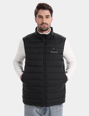 Black heated vest front view with stand collar and hands in pockets