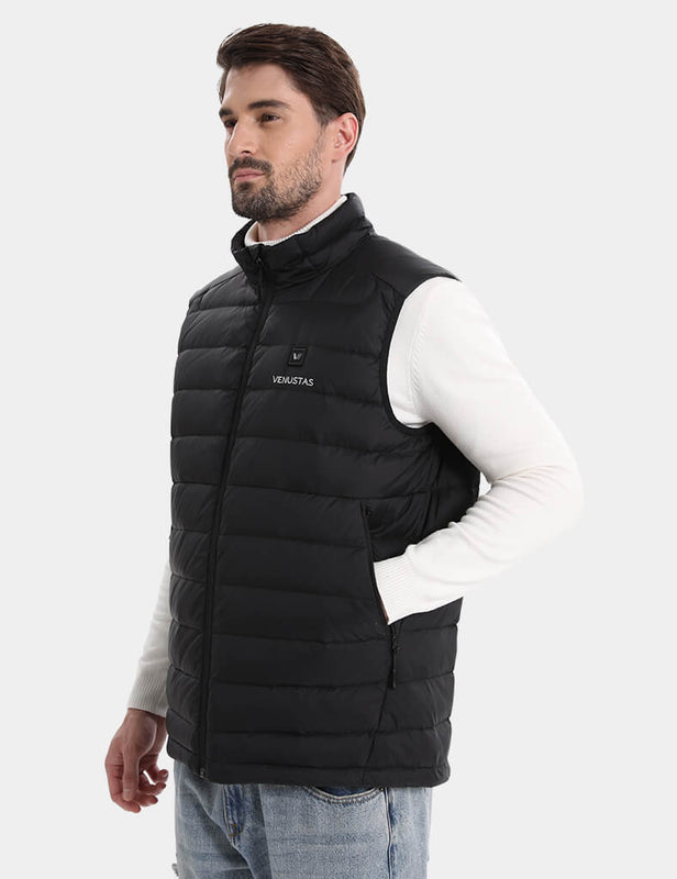 Black heated vest shown from a side angle with zip pocket and stand collar