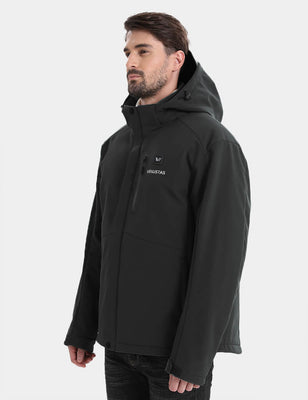 Model wearing a black hooded heated jacket in a front three-quarter view