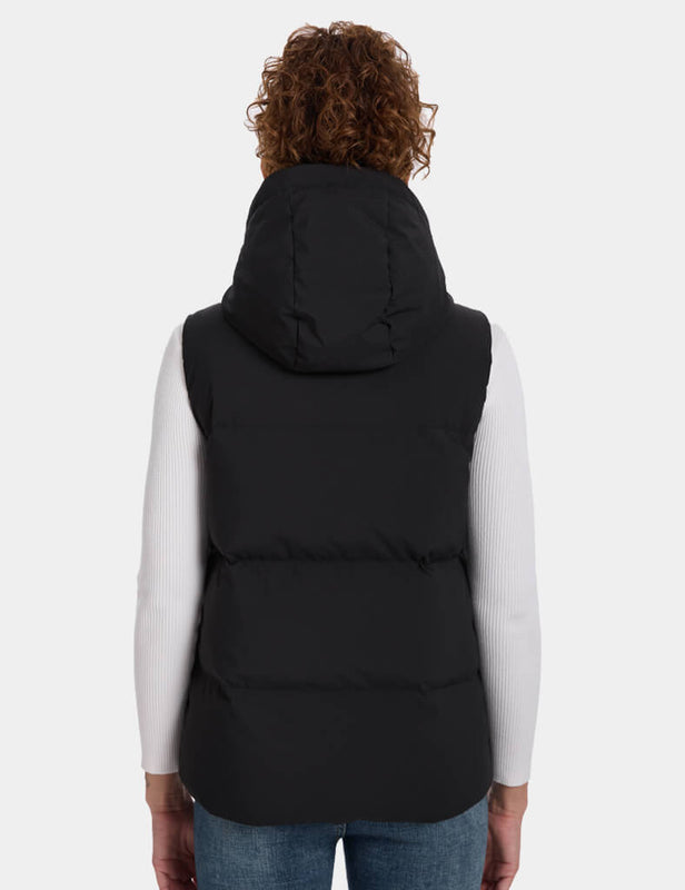 Back view of a black hooded heated vest worn by a model