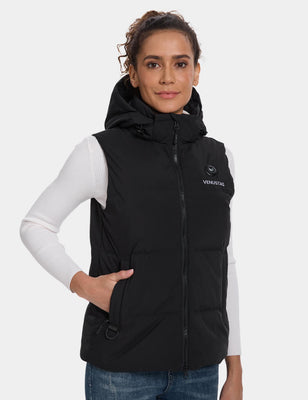 Front view of a black hooded heated vest with zip closure and hand pocket