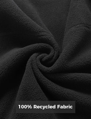 Black fleece vest fabric close-up with 100% recycled fabric text overlay