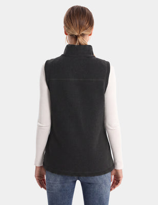 Back view of a woman wearing a black fleece vest