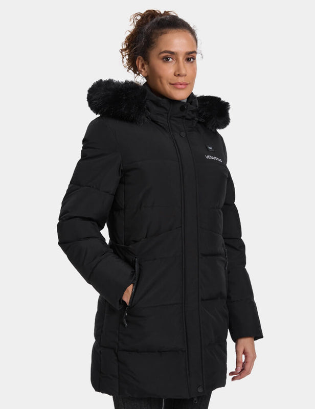 Black women’s heated jacket with faux fur hood shown from an angled front view