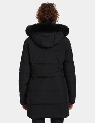 Back view of black women's heated jacket with faux fur hood trim