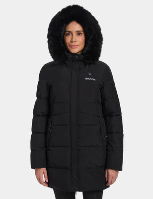 Black women's heated jacket with faux fur hood shown from the front