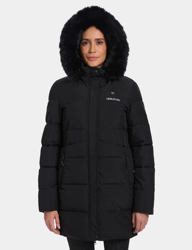 Black women's heated jacket with faux fur hood shown from the front