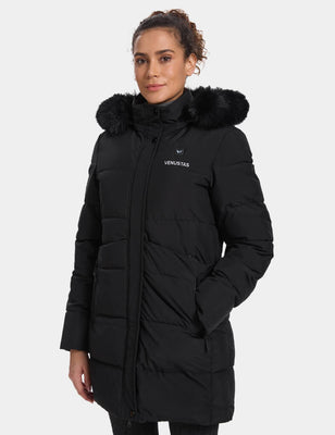 Black women’s heated jacket with faux fur hood shown at a side angle