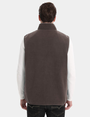 Back view of the brown fleece heated vest with a stand collar