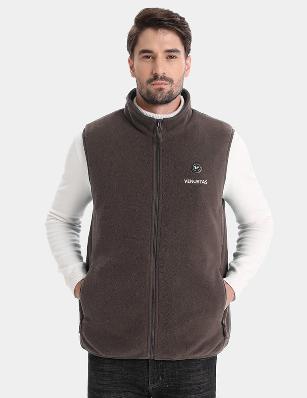 Brown fleece heated vest front view with hands in the pockets