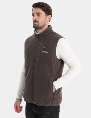 Man wearing a brown fleece heated vest with front zipper and stand collar