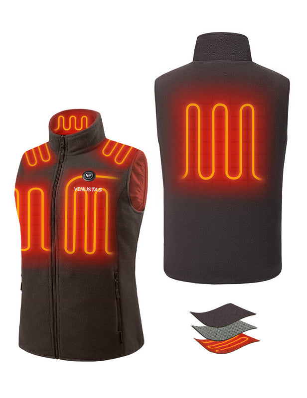 Brown heated fleece vest showing front and back views with visible heating zones and fabric layers