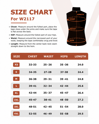 W2117 vest size chart with chest, waist, hips, and length measurements