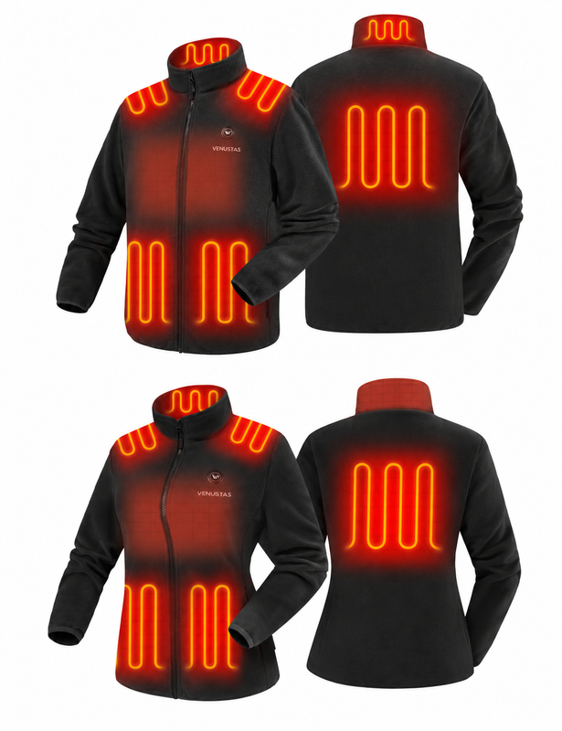 Black heated fleece jacket shown front and back with glowing heat zones on shoulders, chest, waist, and back