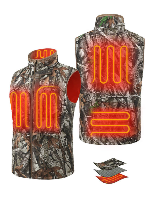 Camouflage heated hunting vest shown front and back with red heating zone graphics