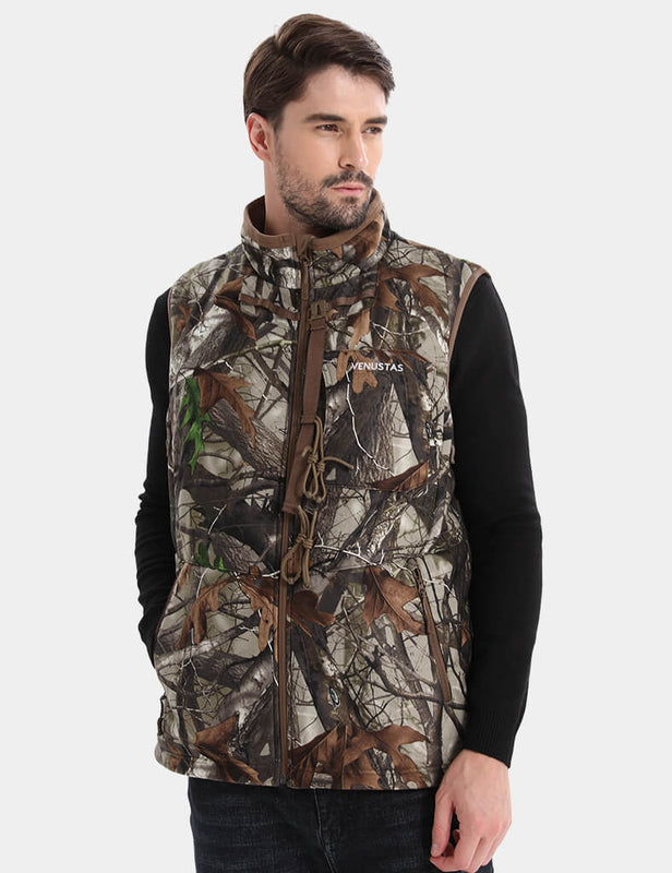 Men's camouflage hunting vest shown at a slight angle on a model