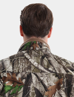 Back view of camo hunting vest showing the raised collar on a model