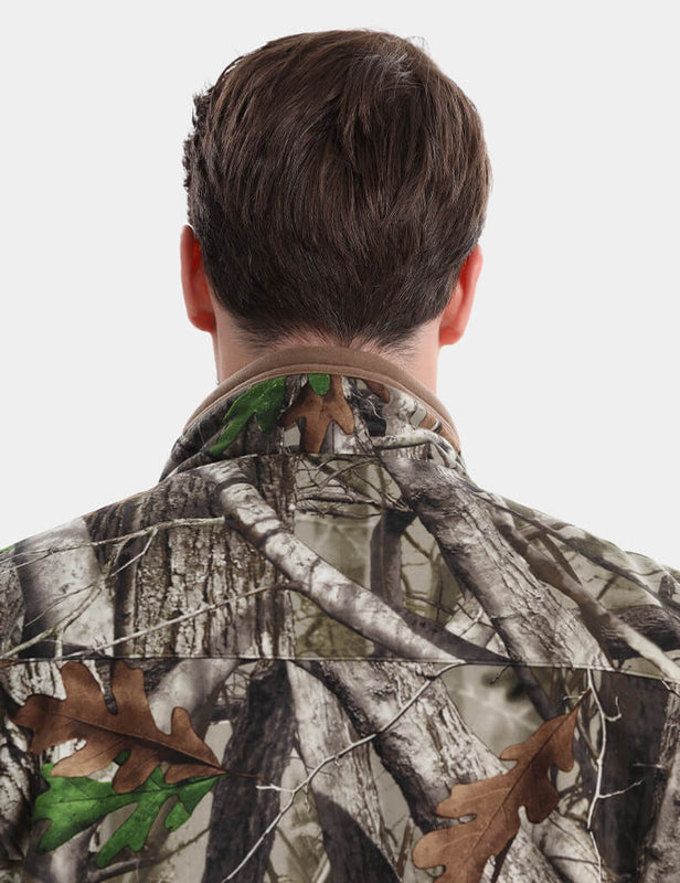 Back view of camo hunting vest showing the raised collar on a model