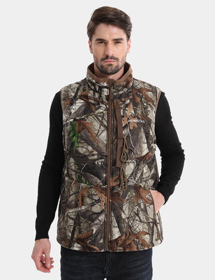 Men's camouflage hunting vest on a model with one hand in the side pocket