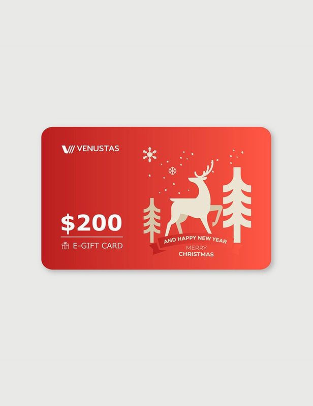 $100/$200 Venustas E-GIFT CARD red Christmas e-gift card featuring reindeer and $200