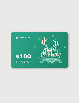 $100/$200 Venustas E-GIFT CARD teal Christmas card with Merry Christmas lettering and $100 E-GIFT CARD value