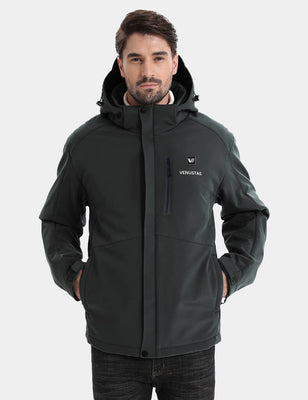 Men's dark green hooded heated jacket shown from the front