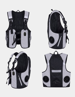 Gray and black cooling vest shown from four angles with shoulder straps, fans, and reflective strips