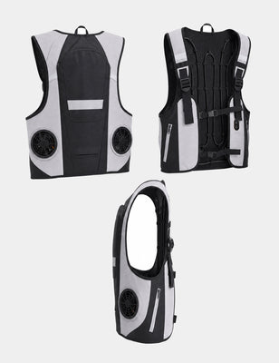 Gray and black cooling vest shown in front, back, and side views with fans and internal tubing