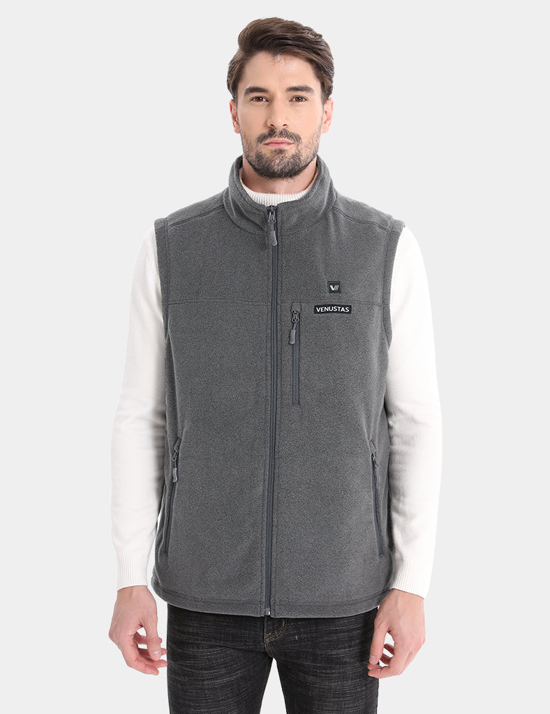 Men's gray fleece heated vest shown in a straight front view