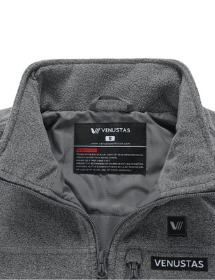 Gray heated fleece vest close-up showing collar, front zipper and inner label