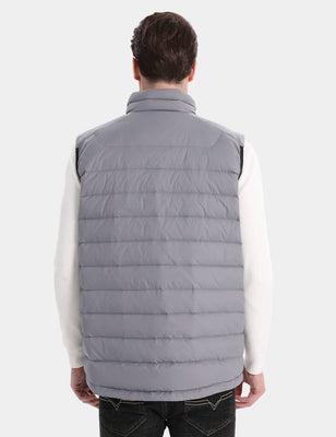 Back view of gray quilted heated vest worn by a model