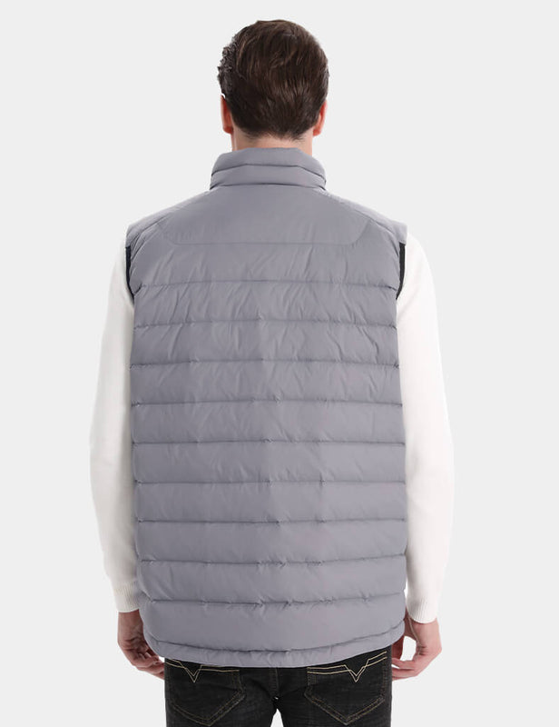 Back view of gray quilted heated vest worn by a model