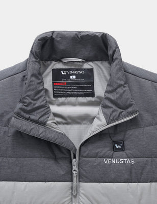 Gray men's heated vest collar and front zipper detail with logo