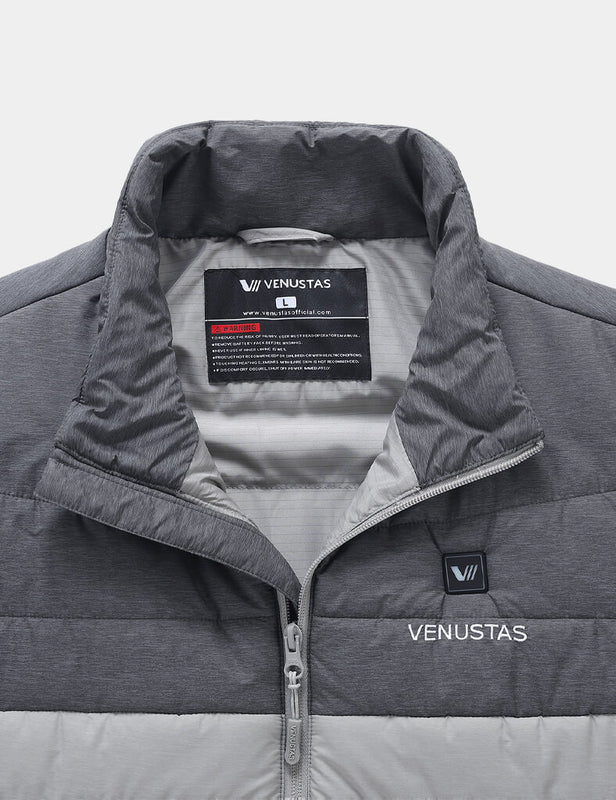Gray men's heated vest collar and front zipper detail with logo