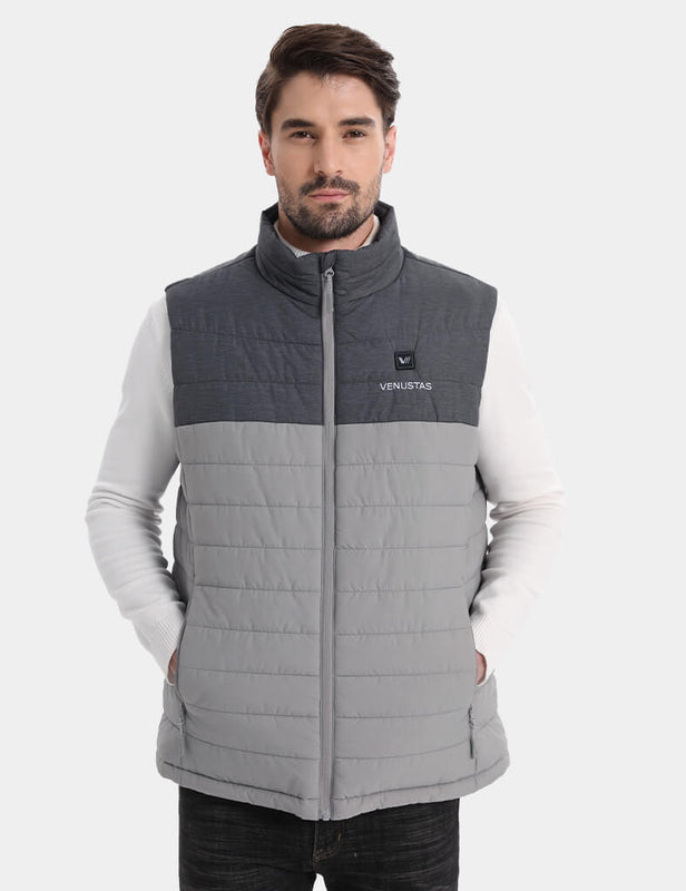 Two-tone gray heated vest shown from the front with hands in pockets